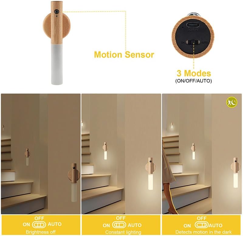 Wooden Motion Sensor Night Lights, Magnet Body Hallway Lamp, Rechargeable LED Wall Sconces, Portable for Stairway Bedroom, Battery Powered (White Ash Wood 2PC)