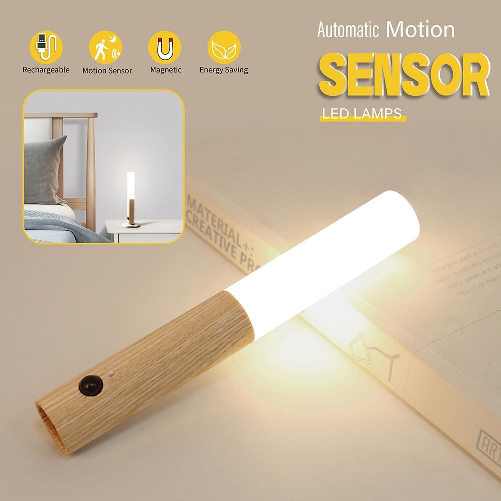 Wooden Motion Sensor Night Lights, Magnet Body Hallway Lamp, Rechargeable LED Wall Sconces, Portable for Stairway Bedroom, Battery Powered (White Ash Wood 2PC)