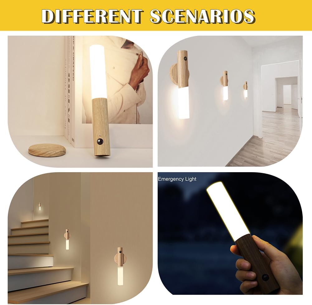 Wooden Motion Sensor Night Lights, Magnet Body Hallway Lamp, Rechargeable LED Wall Sconces, Portable for Stairway Bedroom, Battery Powered (White Ash Wood 2PC)