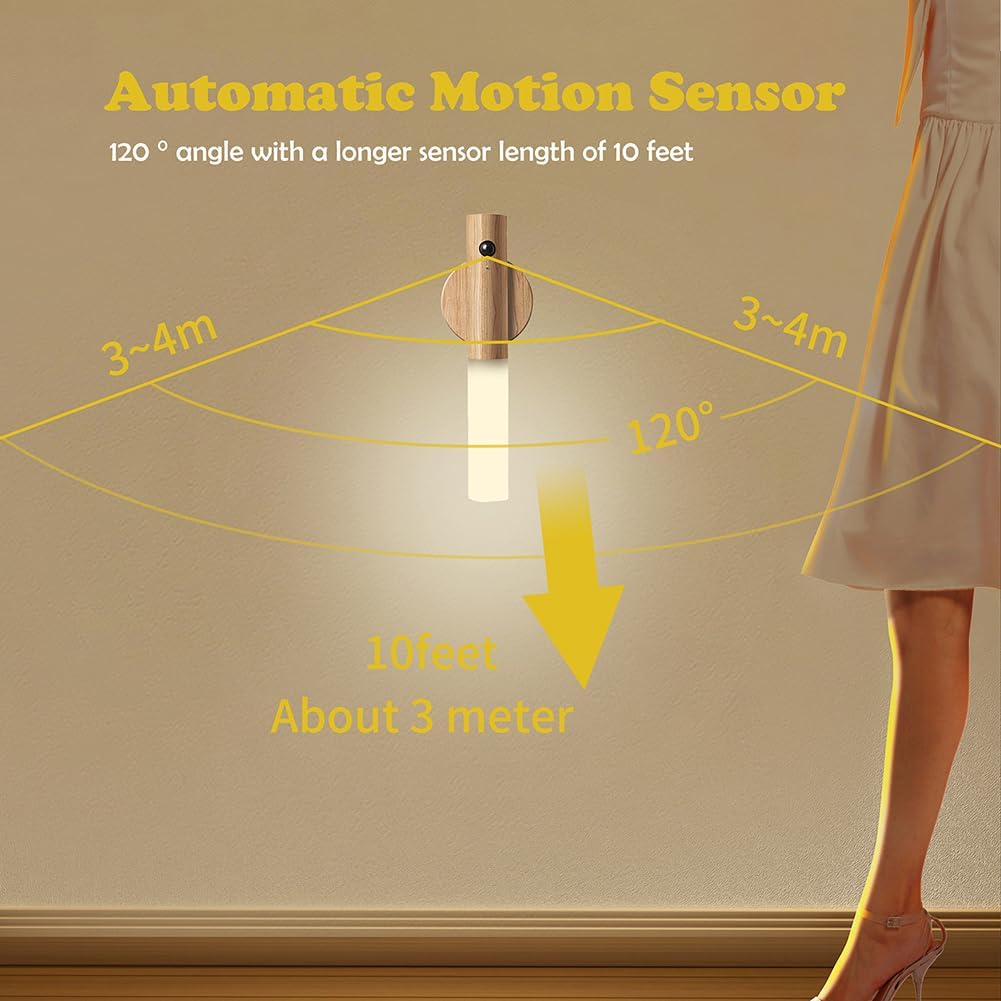 Wooden Motion Sensor Night Lights, Magnet Body Hallway Lamp, Rechargeable LED Wall Sconces, Portable for Stairway Bedroom, Battery Powered (White Ash Wood 2PC)