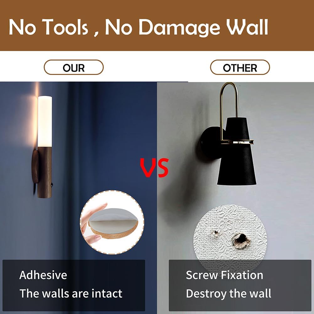 Wooden Motion Sensor Night Lights, Magnet Body Hallway Lamp, Rechargeable LED Wall Sconces, Portable for Stairway Bedroom, Battery Powered (White Ash Wood 2PC)