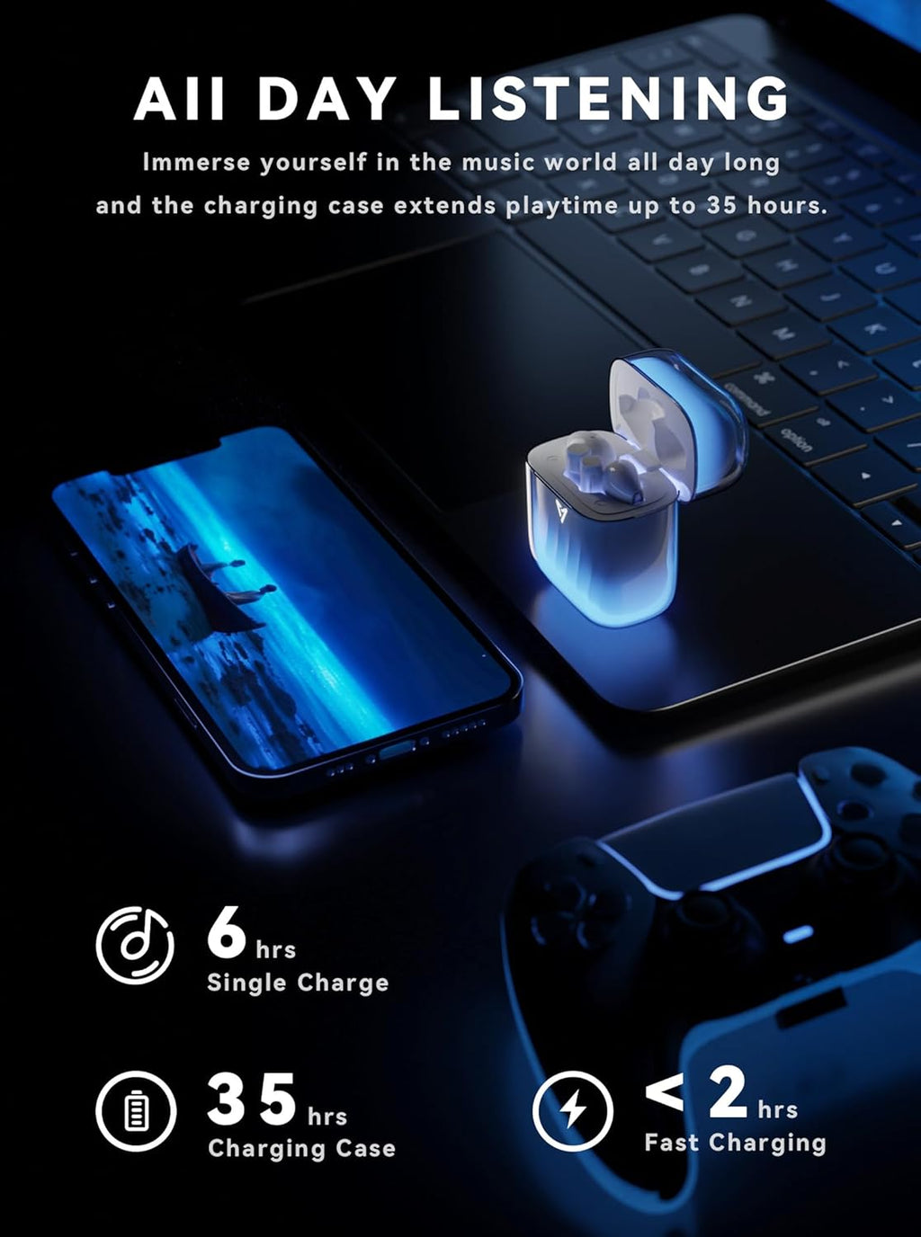 Glow-in-the-Dark Wireless Earbuds LP1 - Bluetooth 5.4, 32H Playback, Stereo Bass, Built-In Mic, with Charging Case for TV & Smartphone