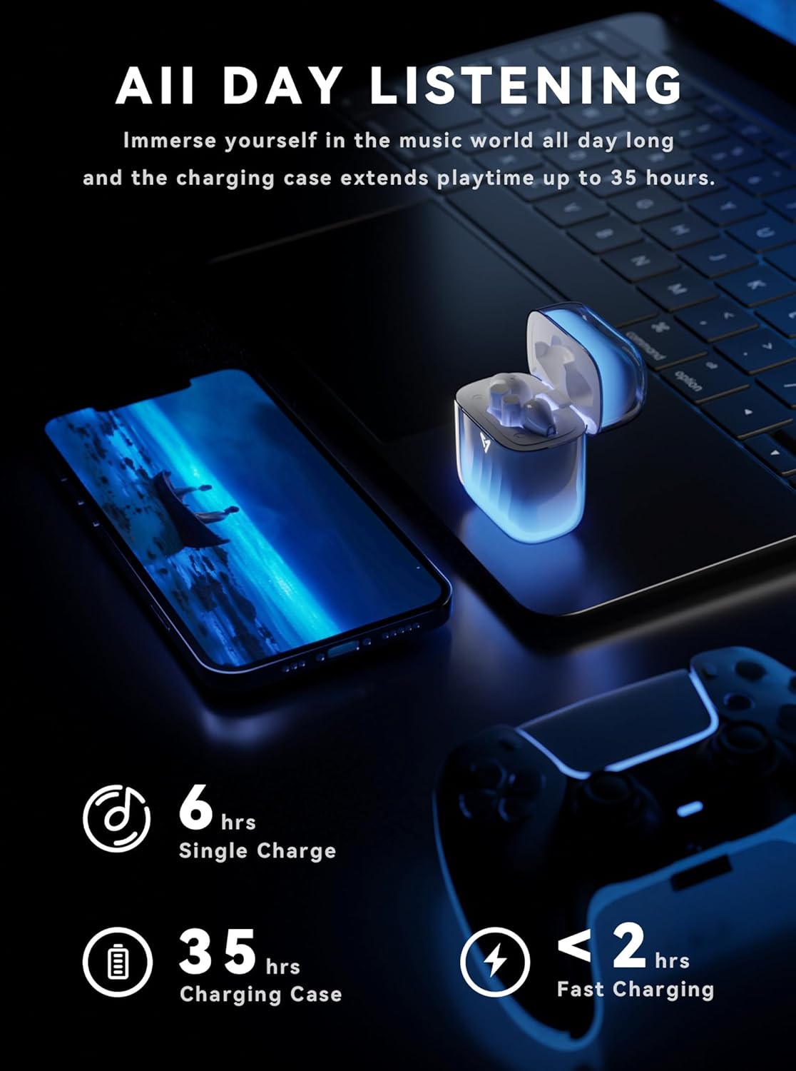 Glow-in-the-Dark Wireless Earbuds LP1 - Bluetooth 5.4, 32H Playback, Stereo Bass, Built-In Mic, with Charging Case for TV & Smartphone
