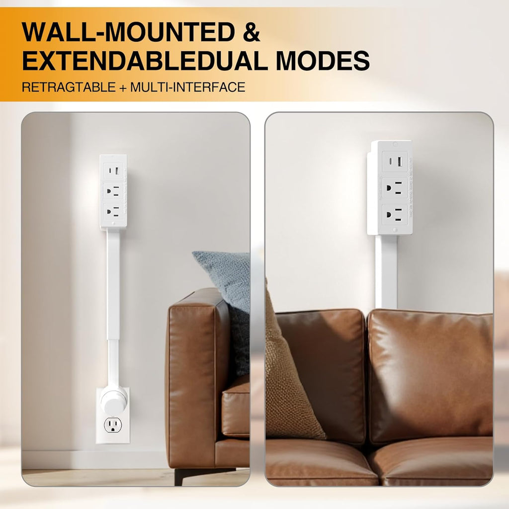 Ultimate Electrical Outlet Extender with USB-A, USB-C & 2 AC Outlets - Perfect for Hard-to-Reach Spaces, Extends 22"-27" & Rotates 180° for Easy Access Behind Couches, Nightstands, Desks & More!