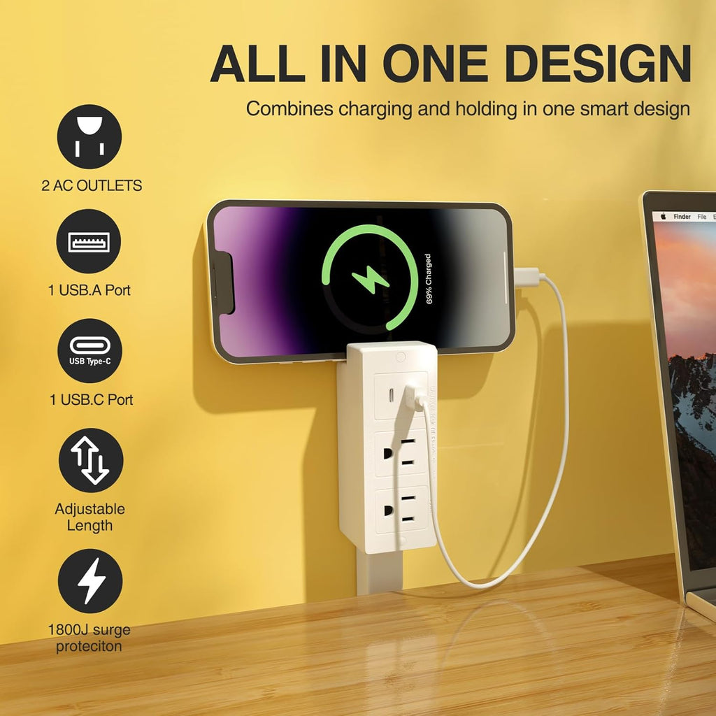 Ultimate Electrical Outlet Extender with USB-A, USB-C & 2 AC Outlets - Perfect for Hard-to-Reach Spaces, Extends 22"-27" & Rotates 180° for Easy Access Behind Couches, Nightstands, Desks & More!